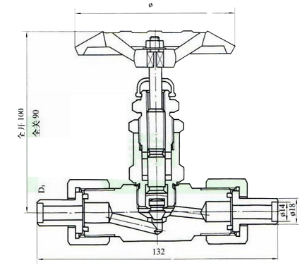J23W外螺紋針型閥外形尺寸圖